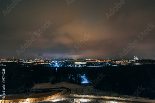 MOSCOW, RUSSIA - DECEMBER 25, 2016: A view of the Luzhniki stadium from Sparrow hills in Moscow at night