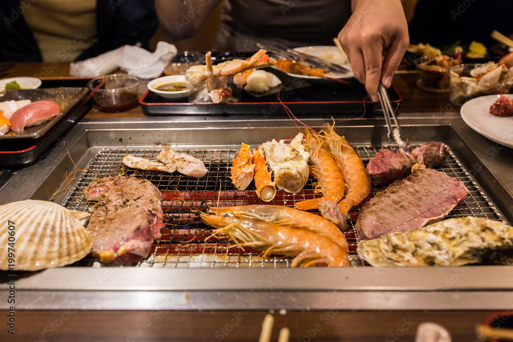 seafood  and meat barbecue
