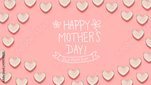 Mother's Day message with many heart dishes on a pink background