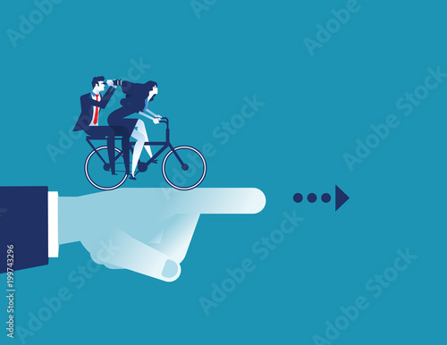 Manager pointing of team go to success. Concept business riding bicycle vector illustration.