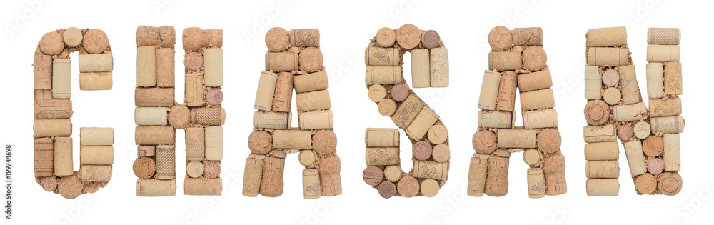 Grape variety Chasan made of wine corks Isolated on white background