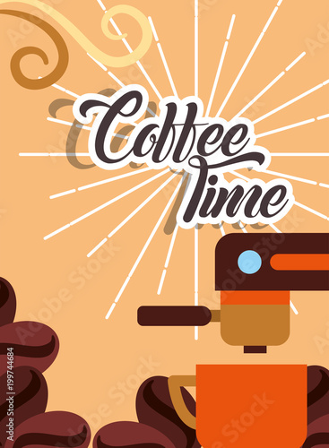 coffee percolator and porcelain cup seeds retro style card vector illustration