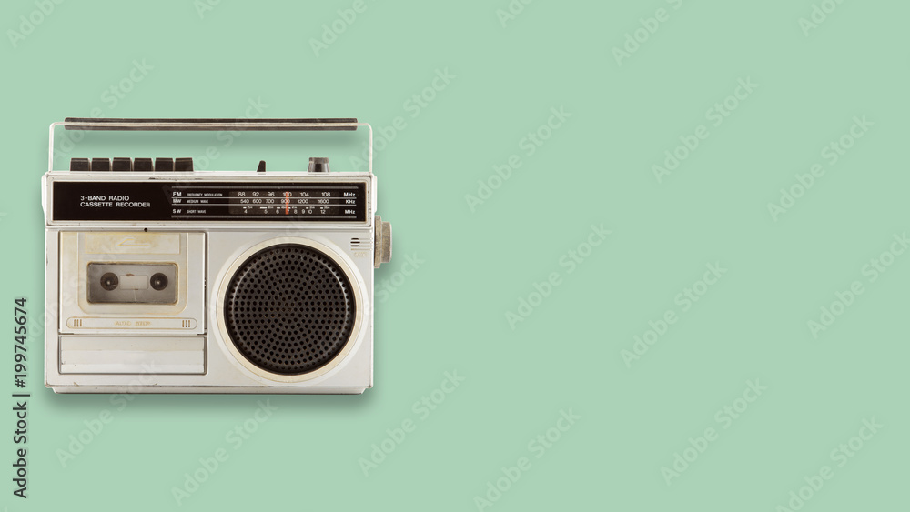 Radio cassette recorder and player on color background. retro technology.  flat lay, top view hero header. vintage color styles. foto de Stock | Adobe  Stock