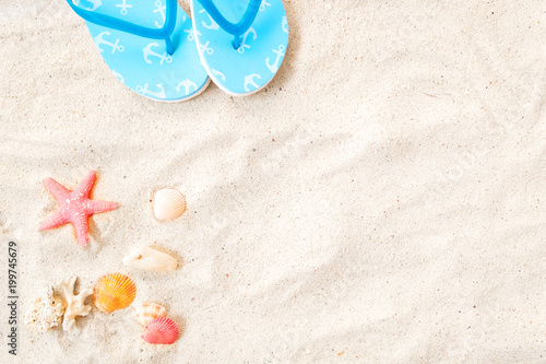 Beach background - top view of beach sand with shells, tarfish and slipper. summer background concept.