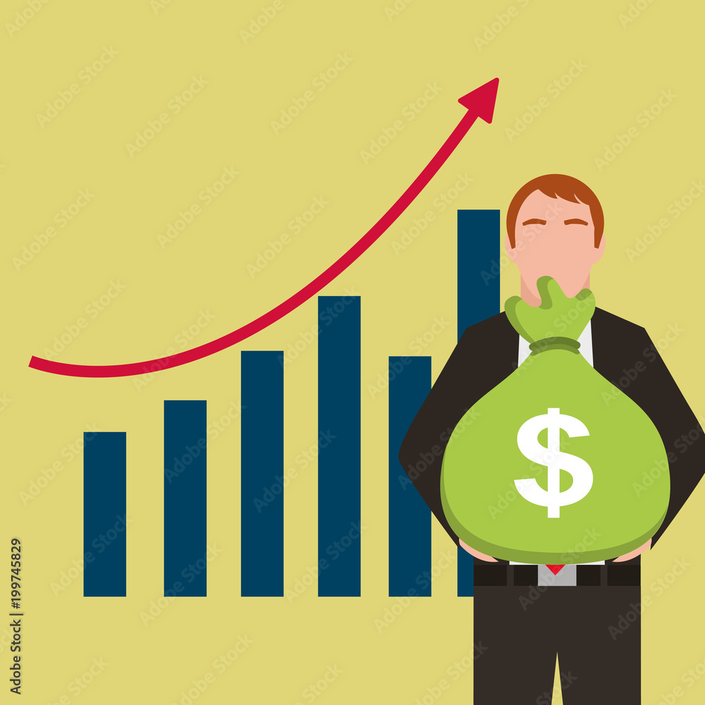 businessman holding bag money bank and graph bar statistics vector illustration businessman holding bag money bank and graph bar statistics vector illustration