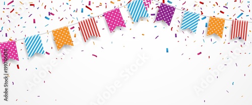 Colorful Party Flags With Confetti And Ribbons