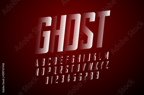 Modern font with shadow effect, alphabet and numbers