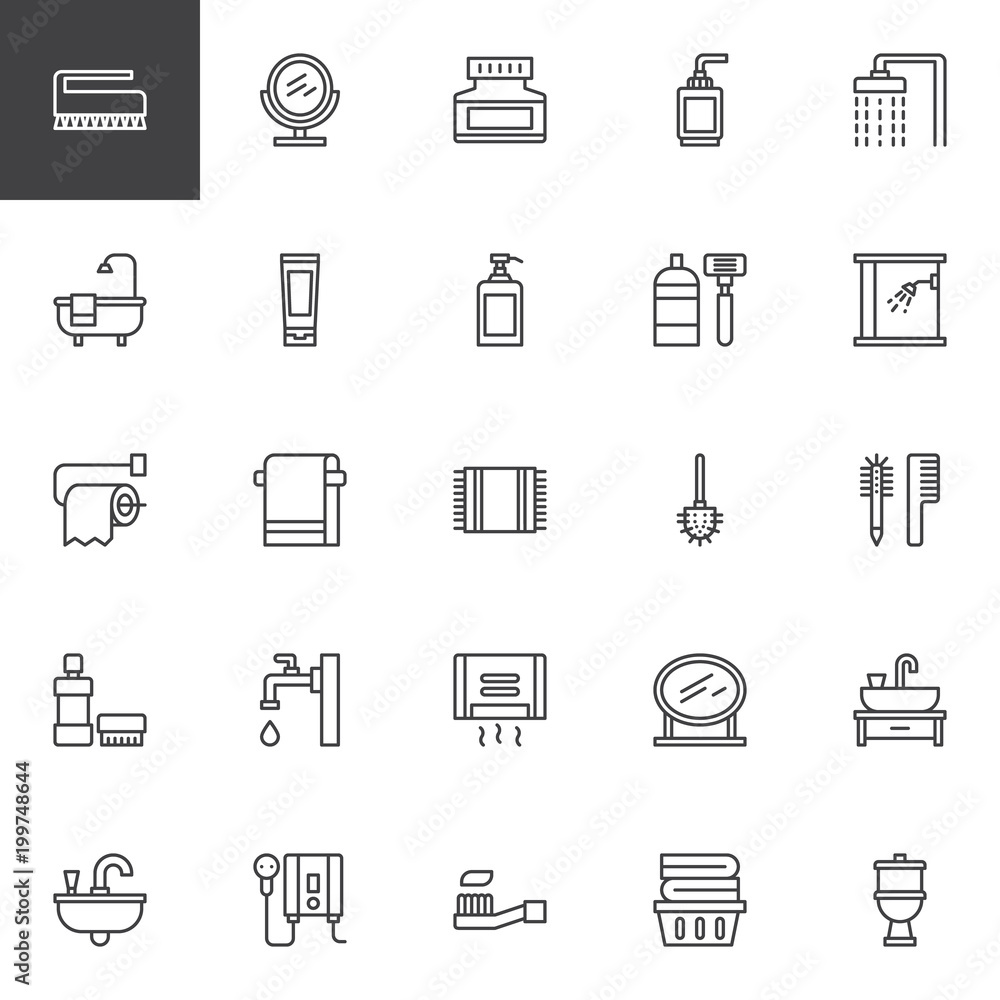 Toilet and Bathroom outline icons set. linear style symbols collection, line signs pack. vector graphics. Set includes icons as Brush, Mirror, Cream, Shampoo, Shower, Bathtub, Foam, Hand wash, Shave Toilet and Bathroom outline icons set. linear style symbols collection, line signs pack. vector graphics. Set includes icons as Brush, Mirror, Cream, Shampoo, Shower, Bathtub, Foam, Hand wash, Shave