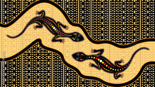 Lizard vector, Aboriginal art background with lizard, Landscape Illustration based on aboriginal style of dot painting.