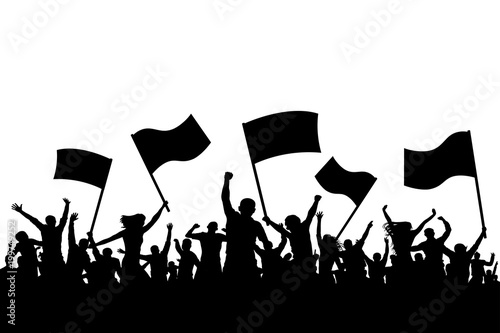Cheerful crowd people silhouette. Crowd applauding. Demonstration, protest. Sports fans with flags. Fans dance concert, disco