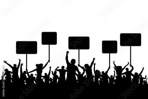 Demonstration, protest. Crowd people silhouette with banner