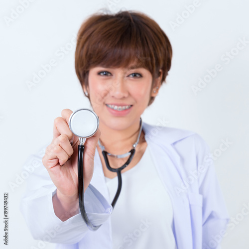 Young Asia Doctor with stethoscope. Isolated on white background. Studio lighting. Concept for healthy