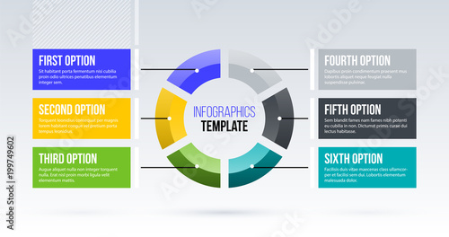 Horizontal pie infographics template with six segments in clean business style on white background