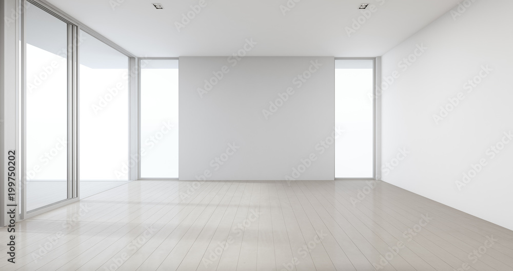 Obraz premium Wooden floor with gray concrete wall background in large room at modern new house for big family, Glass window and door of empty white office or natural light studio - Home interior 3d illustration