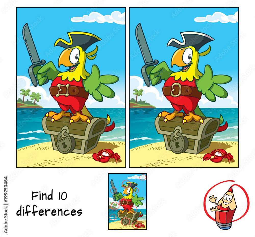 Obraz premium Papuga pirat z kordelasem na skrzyni skarbów. Znajdź 10 różnic. Gra edukacyjna dla dzieci. Ilustracja kreskówka wektor