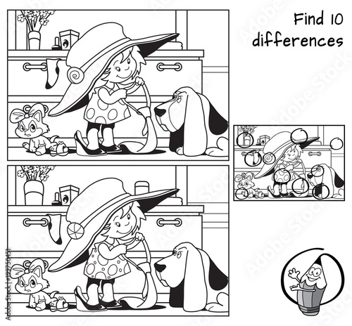 Little girl in her mother's clothes plays with her pets. Find 10 differences. Educational game for children. Black and white cartoon vector illustration