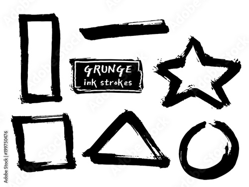 Set of black grungy vector hand paint ink brush geometric shapes. Grunge stroke curve line on white background. Chinese calligraphy style graffiti frame