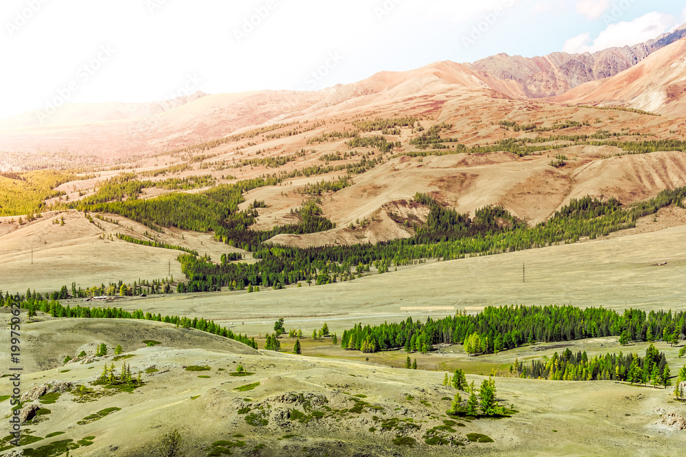 Fototapeta premium Colorful gentle hills in the cloudy sky.