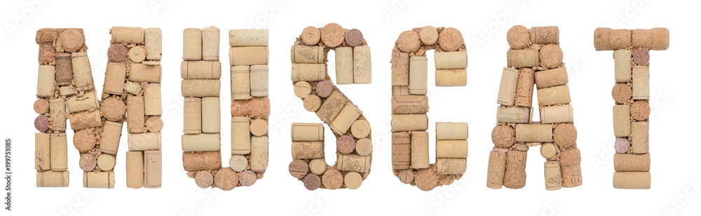 Grape variety Muscat made of wine corks Isolated on white background