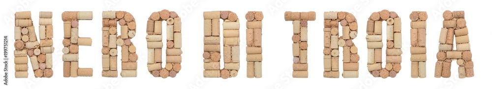 Grape variety Nero di Troia made of wine corks Isolated on white background