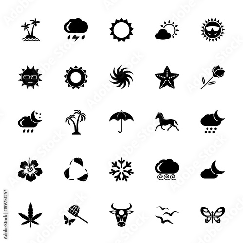 Icon set of environment signs. Weather, climate, flora and fauna. Ecology concept. For topics like nature, geography, climatic zones