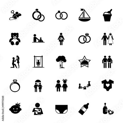 Icon set of family symbols. Human relationship, family life, matrimony. Family concept. For topics like childhood, childcare, relations