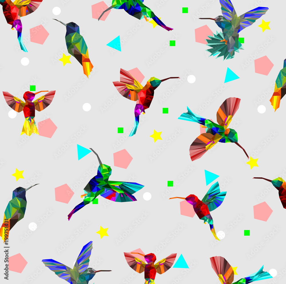Pattern with Low poly colorful Hummingbird with abstract back ground,animal geometric,party birds concept,vector.	