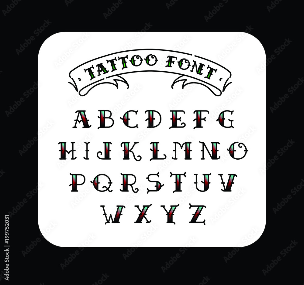 Font in the style of the old school tattoo. Alphabet for tattoos. Contour letters with a fill. A set of letters for tattoos. The flat vector. Letters isolated on white background.