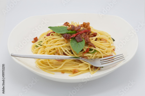 Homemade dry pork spaghetti on white background photo