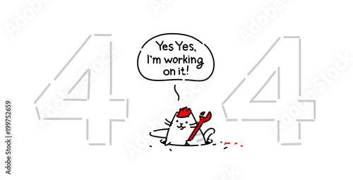 Cartoon funny cat on page 404. Vector flat illustration. The character is isolated on a white background. Cat's character for the page Error 404. Funny kitty for the site and postcards. Mascot.