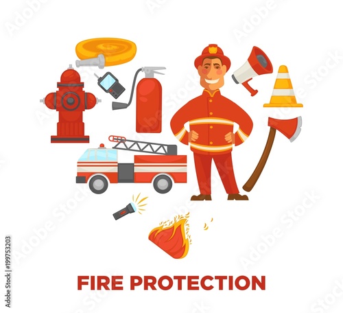 Firefighting and fire protection poster of extinguishing equipment tools.