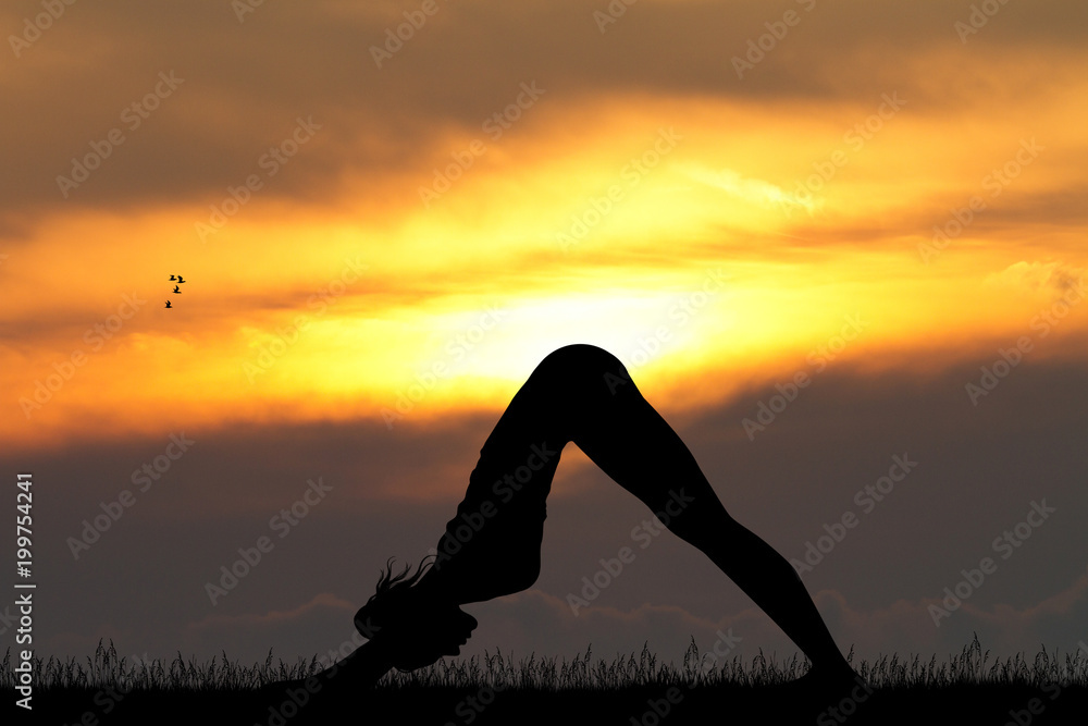 down dog yoga pose at sunset