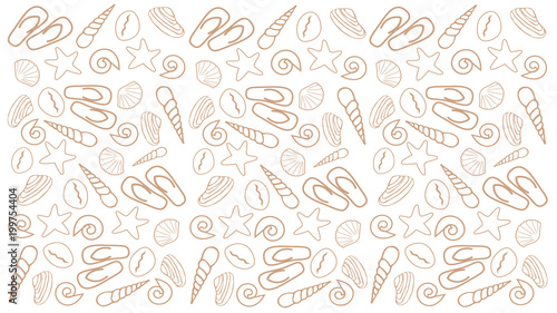 White brown background with seashells, starfish, slippers.