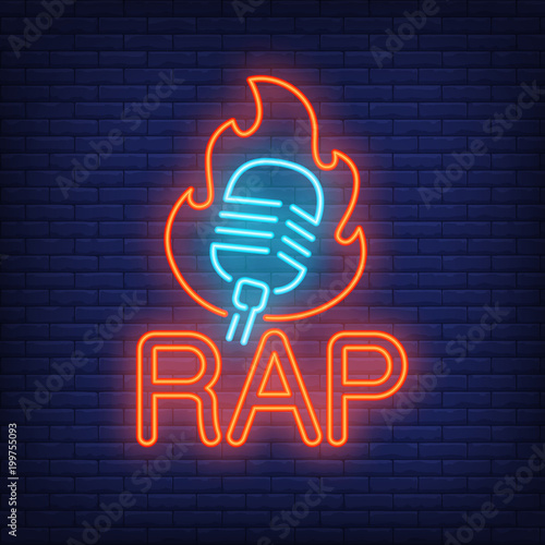 Rap neon word and microphone in flame outline. Neon sign, night bright advertisement, colorful signboard, light banner. Vector illustration in neon style.