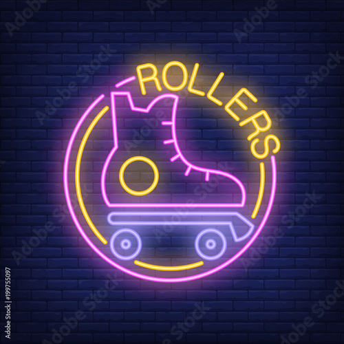 Rollers neon word with roller skate logo. Neon sign, night bright advertisement, colorful signboard, light banner. Vector illustration in neon style.