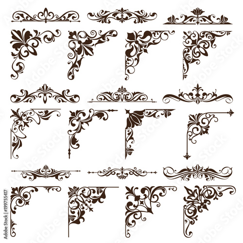 Vintage floral ornaments design elements of corners frame border stickers. vector set of damask patterns on white background