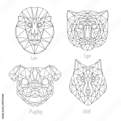 Set of isolated  poligonal geometric triangle animal faces. Hipster style