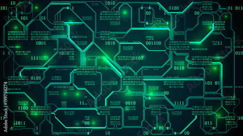 Quadro su tela Abstract futuristic electronic circuit board with binary code, neural network an