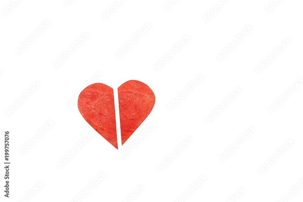 Fototapeta premium isolated fresh juicy watermelon slice in heart shape,half hearts on white background