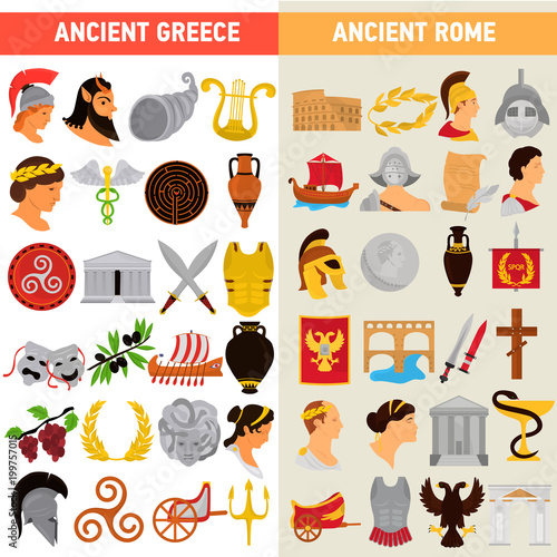 Rome and Greece great civilizations color flat icons set