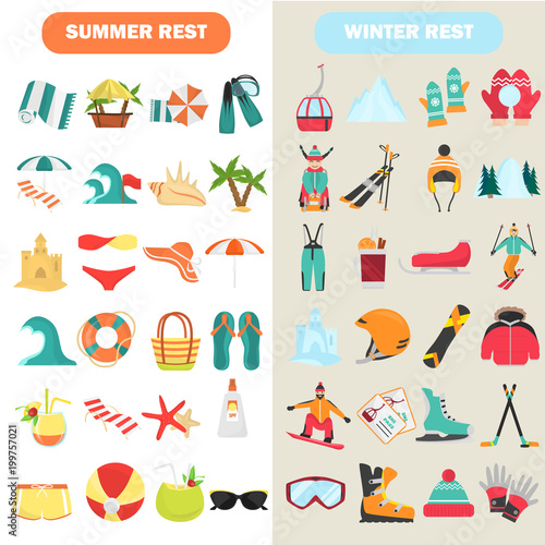 Summer and winter rest color flat icons set