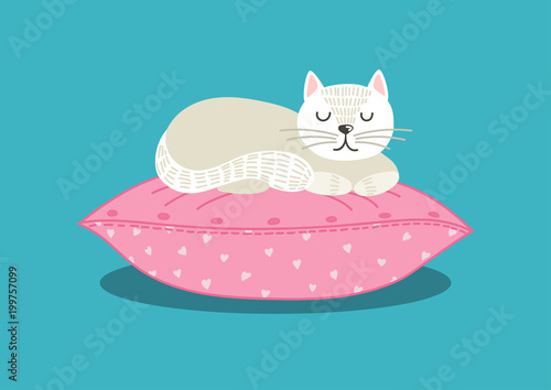 White cat sleeping on pink pillow on teal background. Cute vector illustration.