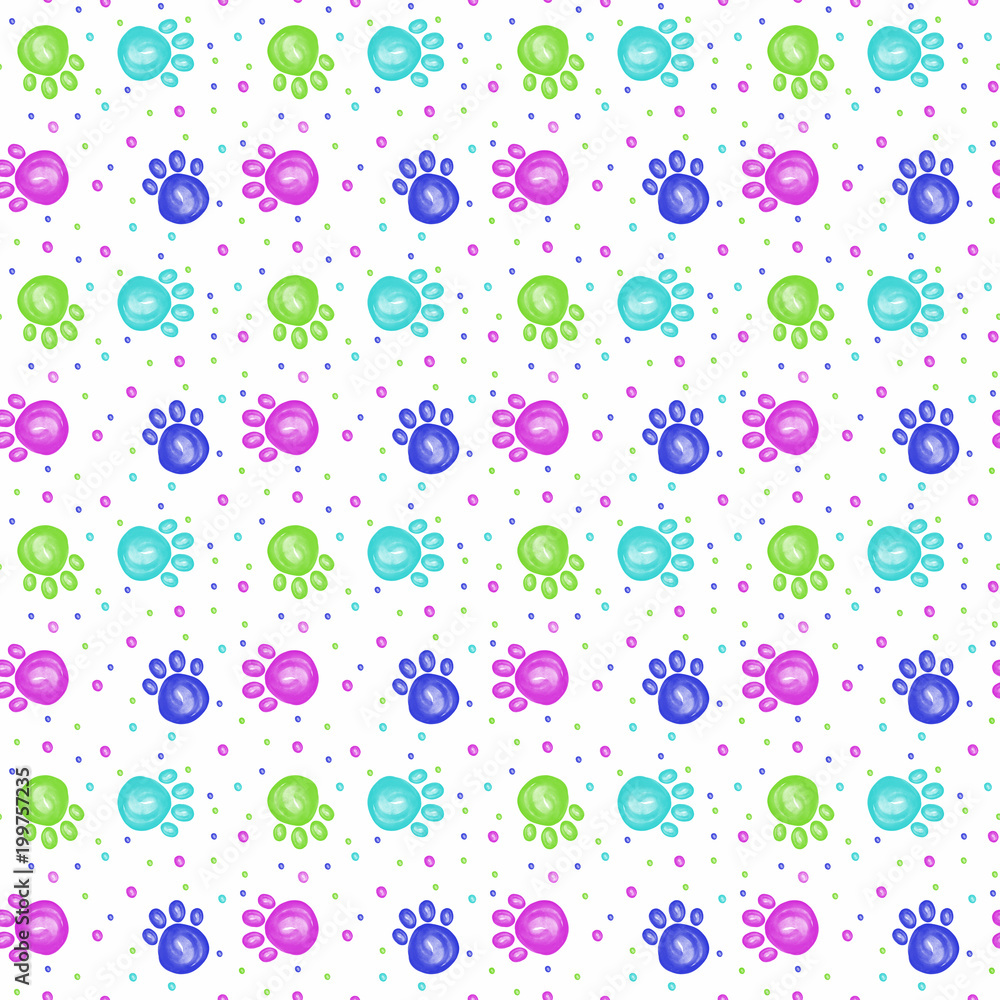Seamless pattern with neon prints of cat paws, colored polka dots. Seamless pattern with neon prints of cat paws, colored polka dots.
