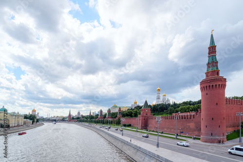 View of the Kremlin embankment on a cloudy day, Moscow, Russia. photo