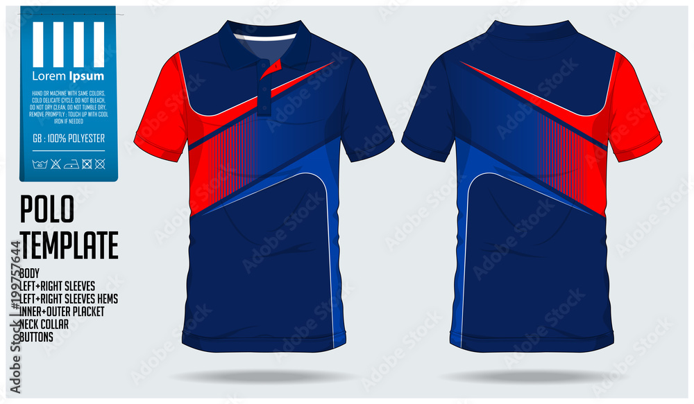 Blue-Red t-shirt sport design template for soccer jersey, football kit and  tank top for basketball jersey. Sport uniform in front and back view.  Tshirt mock up for sport club. Vector. Stock Vector