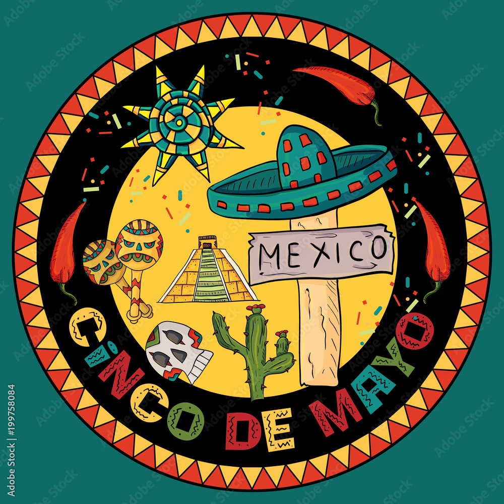 illustration of sticker circular holiday ornament of Mexican symbols on isolated background
