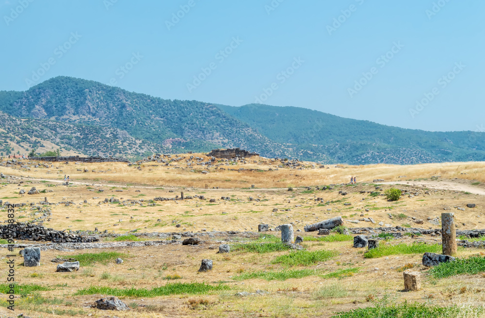 Obraz premium ruins, remains in the field in the background of the hills of the ancient city of Hierapolis