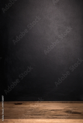 Wooden table and dark background. Retro backdrops for your design. Product shelf.