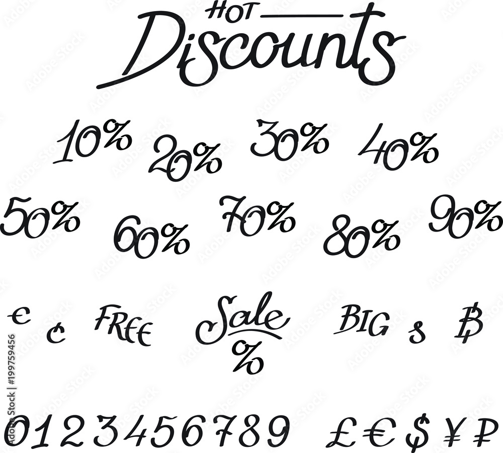 A set of discounts, digits, currency signs. Vector lettering, calligraphy. An inscription for shops and price tags. Currency signs. The sizes of discounts. Seasonal sales. Elements for design layouts. A set of discounts, digits, currency signs. Vector lettering, calligraphy. An inscription for shops and price tags. Currency signs. The sizes of discounts. Seasonal sales. Elements for design layouts.
