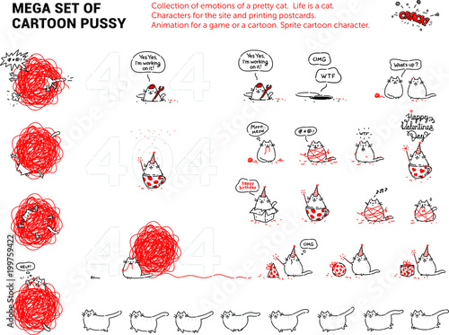 Mega set of cartoon pussy. Collection of emotions of a pretty cat. Characters for the site and printing postcards. Life is a cat. Company character.